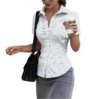 Women's Summer Color Short Sleeve Shirt with Lapel Collar, Slim Fit Blouse Top for , Work, and Casual Daily Wear L