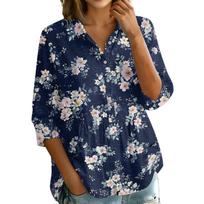 Women's Vintage Floral Print Button Down Blouse, 3/4 Sleeve Relaxed Fit Shirt L