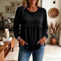Women's Color Lace Trim Long Sleeve Top - Loose Fit Patchwork Blouse, Casual Fashion Tunic Shirt for Daily Wear L