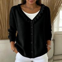 Women's V-Neck Long Sleeve Button Front Ruffle Cardigan Casual Open Front Jacket L