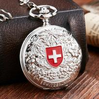 Unique Fashion Switzerland Red Cross Mechanical Pocket Watch With FOB Chain Silver Edelweiss Sculpture Hollow Skeleton Clock Men