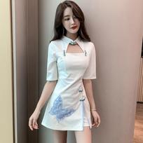 Women's Mandarin Collar Three Quarter Sleeve Two Piece Outfit Set Slim Fit High Waist Elegant Qipao Dress Set S