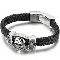 Punk Men's Skull Head Bracelet for Men Cool Solid Cast Stainless Steel & Leather On Hand Wrap Bracelets Man Wristband Jewelry 22CM
