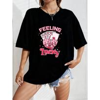 Feeling Lucky White T-Shirt With Poker Cards And Dice Print For Casual Wear S