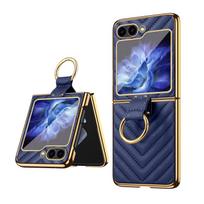 Compatible with Samsung Galaxy Z Flip7 6 5 4 3 Golden Plated Finger Ring Holder Kickstand Leather Mobile Phone Case, Blue For Samsung Z Flip 6 mėlyna