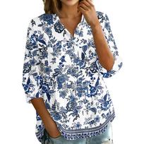 Women's Vintage Floral Print Button Down Blouse, 3/4 Sleeve Relaxed Fit Shirt L