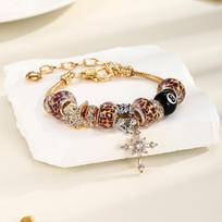 BOXI Women's Trendy Leopard Print Cross Stainless Steel Strand Bracelet with Adjustable Beads and Lobster Clasp Gift