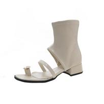 Women's Sandals Square Root Set Toe Open Toe Shoes 2024 Summer Fashion Solid Color Needle Button Zipper Fashion Women's Sandals 35 smėlis