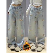 Women's High-Waisted Retro Dachshund Embroidery Wide-Leg Jeans - Slimming, Warm, Plus Velvet, Early Winter Style XL