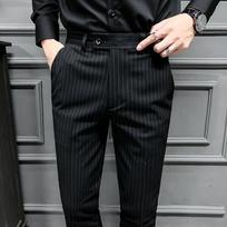 Pavasario Rudens Aukštos Kokybės Vyriškos Dryžuotos Kostiuminės Kelnės Slim Fit Smart Casual Kostiuminės Kelnės Vyriška Mada Juodos Pilkos Vestuvinės Kelnės Vyras 30 black