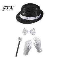 Halloween Costume Accessories Pop Rockstar Set for Adults, Black Sequins Hat, Glasses, Gloves, Themed Show Microphone, Role Play Cosplay Party, Star One Size E