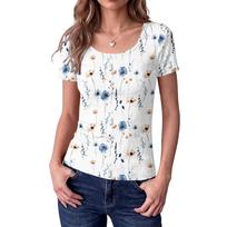 Women's Retro Floral Square Neck Short Sleeve Top - Fitted Vintage Print Blouse, Cute Casual Wear for Summer Outfits L