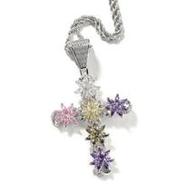 Luxury Multi-colored Zircon Large Cross Necklace 8.7cm Statement Cross Pendant Lariat Sweater Chain Hip-Hop Necklace 24inch