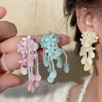 Silver Needle Vacation Style Resin Flower Drop Tassel Earrings Sweet Fresh Earrings Light Luxury High-Grade Earrings for Women