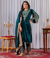 Moterų Bollywood aksominis salwar kostiumas, siuvinėtas paruoštas suknelės komplektas su dupatta, tradicinis indų aprangos palazzo rinkinys M žalia