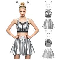Women Alien Cosplay Metallic Shiny Clubwear Front Zipper Mesh Patchwork Vest Crop Top with Headband and Ruffle Skirt for Halloween Party Night S