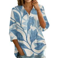 Women's Floral Print Button Down Shirt, 3/4 Sleeve Loose Fit Lapel Blouse L