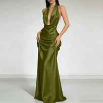 Women's Satin Neck Draped Low Cut Backless Evening Dress L