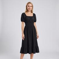 Women's Square Neck Short Sleeve Ruffle A-Line Dress with Waist Belt - Casual Summer Dress L