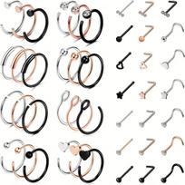 Stainless Steel Women's Stylish & Fashionable Nose Studs & Nose Rings Set, Heart-shaped Zircon Body Jewelry, Sexy Set for Dating 45-piece set of nose rings and nose studs jewelry