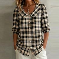 Women's V-Neck Loose Fit 3/4 Sleeve Blouse, Casual Print Top for Summer L