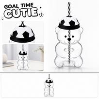 Bear Pattern Glass Straw Cup, Soccer Hat Lid, Reusable Drinking Cup with Straw for Cold Drinks, 16oz Home One Size