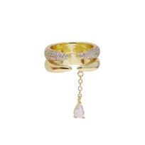 18K Gold Plated Fashion Finger Jewelry Micro Paved CZ Double Spike  With Tassel Chain Tear Drop CZ Open Rings Resizable&ring