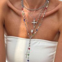 Cross Pendant Necklace Alloy Tassels Rhinestones Fashionable Metal Chain Layered Clavicle Jewelry Unisex Electroplated