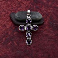 Awesome Amethyst Cross Shape Gemstone Pendant: 925 Sterling Silver Handmade Pendant Necklace Jewelry 2.75 Inch