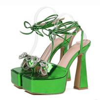 New Fashion Gold Green Cross Strap Women Platform Sandals Crystal Bowknot Summer Party Wedding High Heels Pole Dance Shoes 35