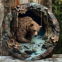 Metal Wall Art Bear in Cave Circular Rustic Sign Outdoor Indoor Decor Scratch Resistant TYA24449-20x20cm įvairiaspalvis