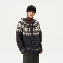 Unisex American Retro Fair Isle Knit Cardigan with Horn Buttons and Hood XL