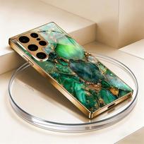 Paauksuotas grūdintas stiklas telefono dėklas, suderinamas su Galaxy S26 S25 S24 S23 S22 Ultra Plus. Su žalios aukso mineralų dizainu. For Galaxy S26