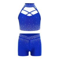 Girls Gymnastics Dance Set Sleeveless Cross Front Sparkling Rhinestone Crop Top Elastic Waistband Shorts 5-6 Years