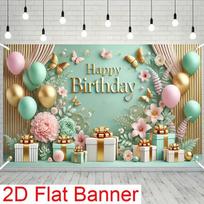 2D Luxury Mint Green Gold Happy Birthday Backdrop, Balloon & Gift Box Theme Party Background Banner for Birthday 47.2x31.5inch/120*80cm
