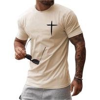 Men's Minimalist Hand-Drawn Cross Print T-Shirt, Understated Casual Streetwear Short Sleeve Top L