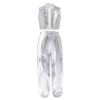 Girls Jazz Dance Outfit Mock Neck Sleeveless Sequin Metallic Patchwork Ruffles Crop Top Shiny Pants 5-6 Years sidabras