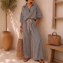 Women's Striped Lapel 3/4 Sleeve Top and Elastic Waist Pants 2-Piece Casual Outfit Set L
