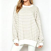 Women's Stripe Long Sleeve Top, Loose Fit Neck, Color Block Patchwork Blouse L