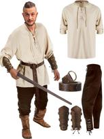 4 vnt. Helovino vyriškas renesansinis kostiumas Viduramžių pirato marškiniai kelnės su raišteliais ties kulkšnimis vikingų diržo aksesuarai XXS beige