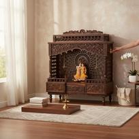 Wood Carved Temple | Wooden Religion Home Decor Temple,Carved Sheesham Handicrafted for Home with Om Back Panel & Storage Drawers with Bells
