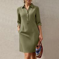 Women's Color Button Down Shirt Dress with Collar, 3/4 Sleeve, Pockets, Loose Fit L