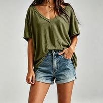 Women's Color Drop Shoulder Top - V-Neck Loose Fit Casual Blouse for Everyday L