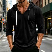 Men's Hooded Three-Quarter Sleeve Pullover, Relaxed Fit Casual Top for Everyday Wear - Lightweight Comfort L