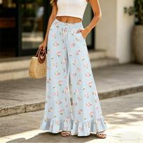 Women's High Waist Wide Leg Pants with Pockets - Printed Drawstring Loose Casual Trousers for Summer Beach Travel L