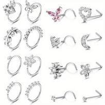 Multicolor Nose Ring Set Diamond Multi-Shape Flower Butterfly Love Moon Puncture Jewelry 316 Stainless Steel Trendy Unisex 08