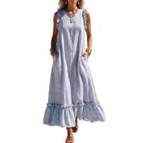Summer Striped Maxi Dress for Women Crew Neck Sleeveless Ruffle A-line Swing Dress Beach Casual Flowy Sundress with Pockets L