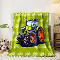 Large green tractor illustration on a lime-green background with patterns. for all seasons blanket lunch break throw gift 80cm x 120cm