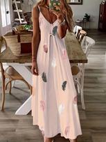 European and American cross-border spring and summer new sleeveless slim-fitting feather printing low-cut V-neck suspender large pendulum long dress S