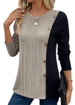 Cross-border Europe, America 2025 new women's color matching contrasting color button split-ended casual long-version top S